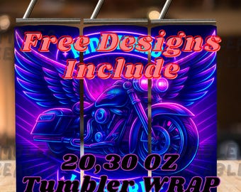 Neon Motorcycle Tumbler Wrap: Winged Biker Skull PNG - 20oz Skinny Tumbler Sublimation Design