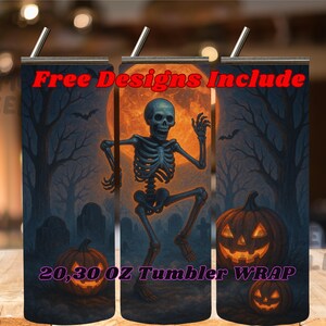 20oz Halloween Tumbler with Dancing Skeleton, Pumpkins and Full Moon, Spooky Graveyard Cup, Funny Scary Gift, Gothic Horror Mug