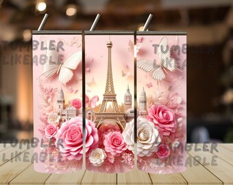 3D Eiffel Tower Pink Roses Tumbler  Wrap, 20 oz Skinny ,Skinny Tumbler PNG ,sublimation design ,instant download