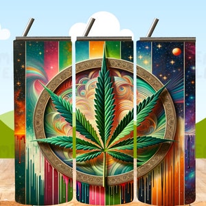 Puede incluir: Tres vasos de acero inoxidable con un dise&ntilde;o psicod&eacute;lico colorido que presenta una hoja de marihuana en un c&iacute;rculo. El dise&ntilde;o incluye remolinos de verde, naranja, rojo, azul y amarillo.