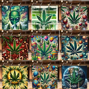 May include: Nine different designs for a reusable tumbler featuring a green marijuana leaf on a variety of colorful backgrounds. The designs include a space scene, a Christmas scene, a birthday scene, and a psychedelic scene.