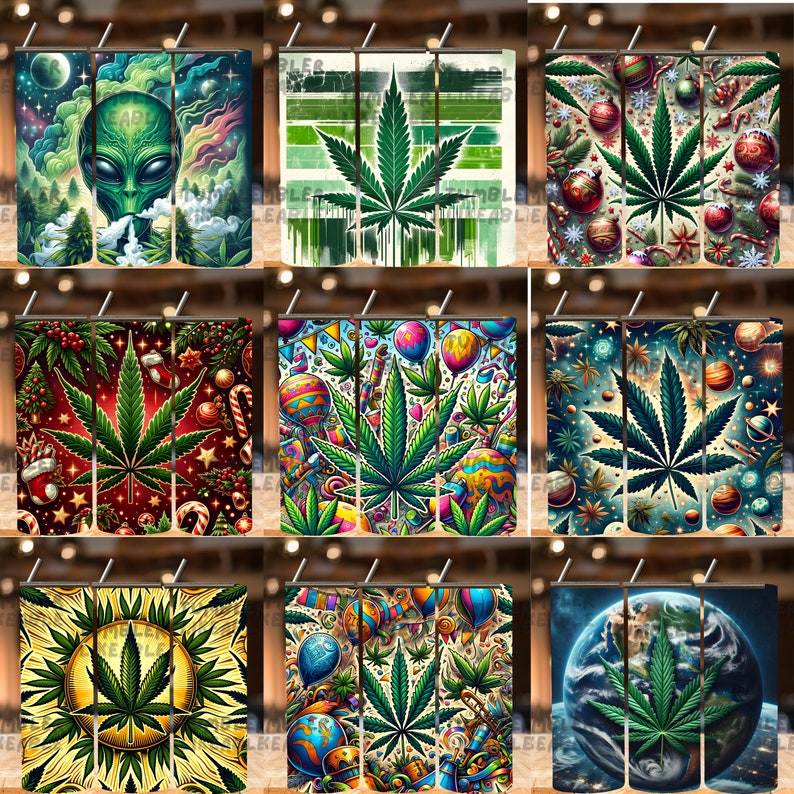 May include: Nine different designs for a reusable tumbler featuring a green marijuana leaf on a variety of colorful backgrounds. The designs include a space scene, a Christmas scene, a birthday scene, and a psychedelic scene.