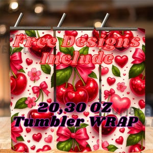 Seamless Heart Cherry Bow Tumbler 20oz – Cute Red Cherries with Pink Ribbons, Sweet Romantic Valentine Drinkware Gift,Cherry Bow Tumbler