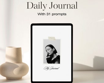May include: A digital tablet displaying a mockup of a daily journal with 31 prompts. The journal cover features a black and white photo of a woman with the text "My Journal" written in cursive. The text "Daily Journal" and "Instant Download" are also visible on the screen.