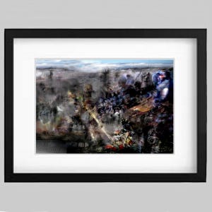 May include: Abstract painting with a dark, textured background and a variety of colors, including blue, red, and green. The painting features a variety of shapes and forms, including circles, squares, and triangles. The painting is framed in a black frame.