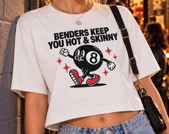 Benders Keep You HOT & SKINNY Women's Crop Top, Retro Rave Cropped Tee, Festival Shirt, 8 Ball Graphic Tee, Boxy Garment-Dyed Top