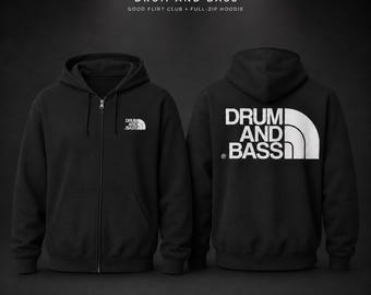 DRUM AND BASS Hoodie, DnB Full Zip Hoodie, Bass Music Streetwear, Nightlife Zip Up Sweatshirt, Unisex Back Print Hoodie