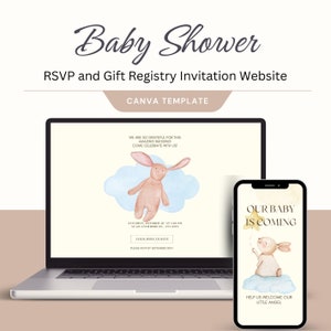 Peut inclure: Un écran d'ordinateur portable affichant une invitation à une fête prénatale avec un lapin rose sur un nuage bleu. Le texte sur l'écran indique "We are so grateful for this amazing blessing. Come celebrate with us!" et "Saturday, October 20 at 5:00 PM at 123 Anywhere St, Any City. Click here to RSVP. Please RSVP by September 30th."