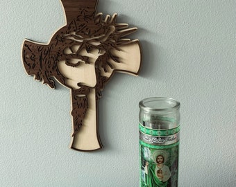 Face of Jesus Cross - Wooden Cross - Laser Cut Cross - Walnut Cross - Cross Wall Decor