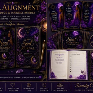 Op de afbeelding: Een Soul Alignment orakeldeck en journal-bundel met 16 affirmatiekaarten en een begeleidend dagboek. Het donkerpaarse ontwerp bevat hemelse beelden, manen, vlinders en bloemmotieven. De set bevat tekstprompts en affirmaties.