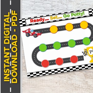 May include: A printable potty training chart with a race car theme. The chart features a red race car, a checkered flag finish line, and a trophy. The chart has a path with yellow, green, and red circles to mark progress.