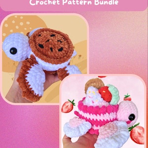 May include: Two crocheted turtle amigurumi toys. One is brown and white and shaped like an ice cream cookie. The other is pink and white and shaped like a cake.  Ice Cream Cookie and Cake Turtle Crochet Pattern Bundle.