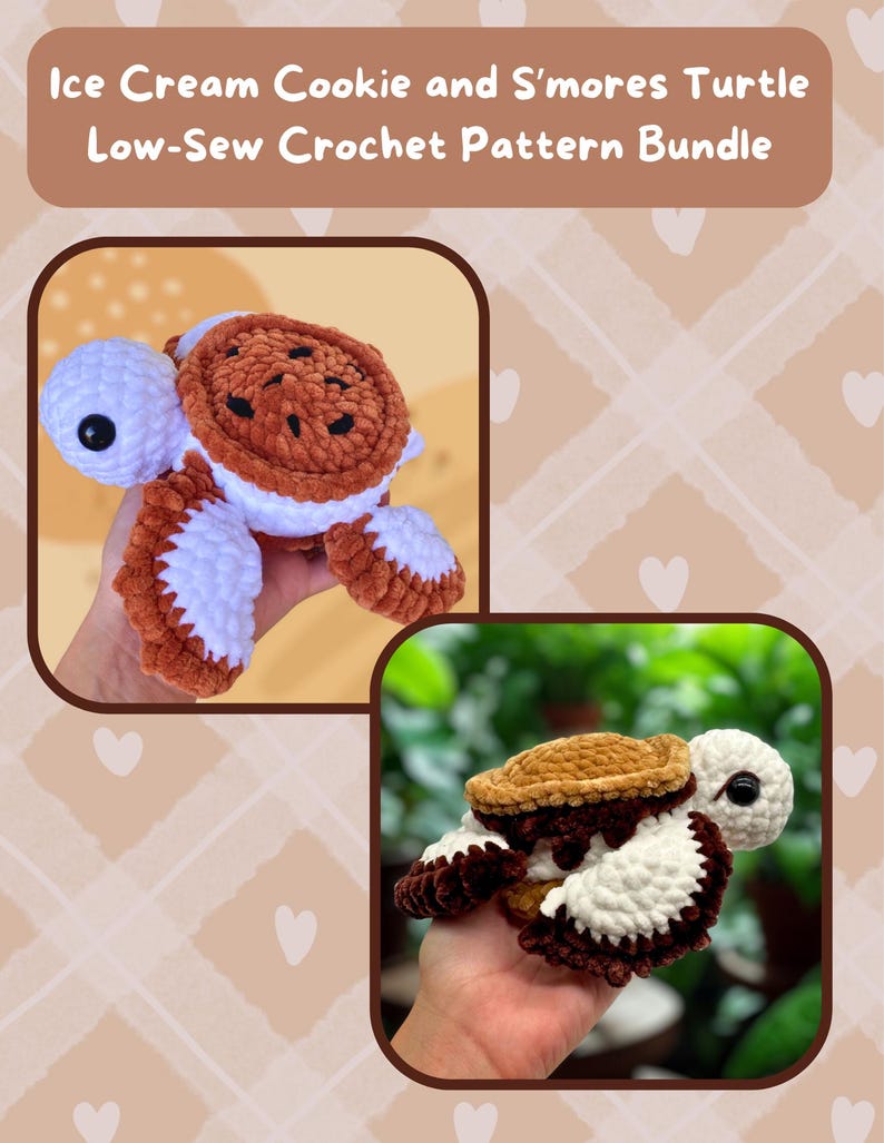 Puede incluir: Dos peluches de tortuga de ganchillo, uno con caparaz&oacute;n de galleta y otro con caparaz&oacute;n de s'mores. Las tortugas tienen detalles blancos, marrones y beige. El texto en la parte superior dice "Ice Cream Cookie and S'mores Turtle Low-Sew Crochet Pattern Bundle."