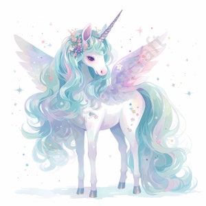 21 Imágenes prediseñadas de unicornio de acuarela, lindo unicornio arco iris, descarga instantánea de unicornio pegaso, unicornio con alas, imágenes prediseñadas de unicornio de chicas lindas