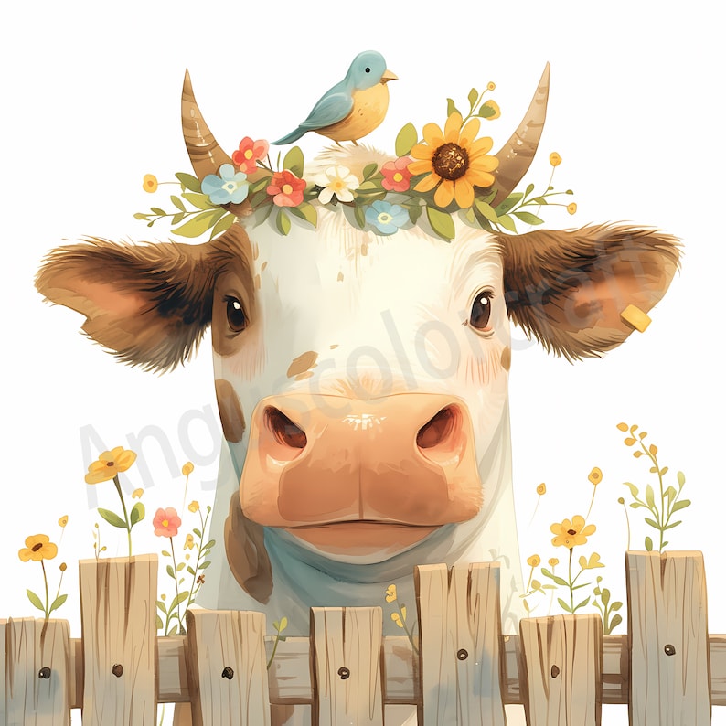 May include: A white and brown cow with a flower crown on its head. A blue bird sits on top of the crown. The cow is looking at the camera and is standing behind a wooden fence.