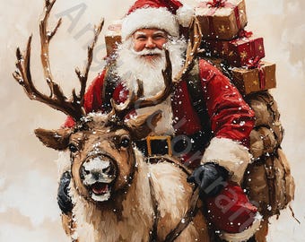 トナカイとサンタのヴィンテージクリップアートバンドル10高解像度水彩