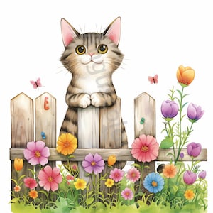 10 JPG chat original dans le jardin, clipart aquarelle, journal indésirable, scrapbooking, fabrication de cartes, téléchargement numérique Fantasy chaton lunatique