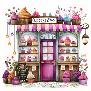 10 Quirky Cupcake Shop Clip Art, Watercolor JPG, Junk Journaling, Scrapbook, Card Making, Digital Download, Fantasy, Whimsical, Printable