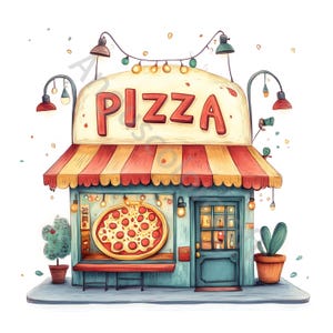 Whimsical Pizza Shop Watercolor Clip Art, Junk Journal, Card Making (10 JPG Digital Download) image 7