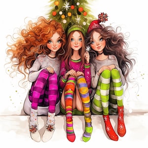 13 JPGs Christmas Girl Clipart, usage commercial, éphémères fantaisistes, aquarelle Noël meilleurs amis des cliparts, téléchargement immédiat, créations en papier