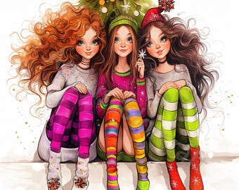 13 JPGs Christmas Girl Clipart, Commercial Use, Whimsical, Watercolor Best Friends Clipart, Instant Download
