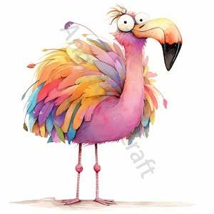 May include: A cartoon flamingo with a pink body and colorful feathers. The flamingo has large, round eyes and a long, thin neck.