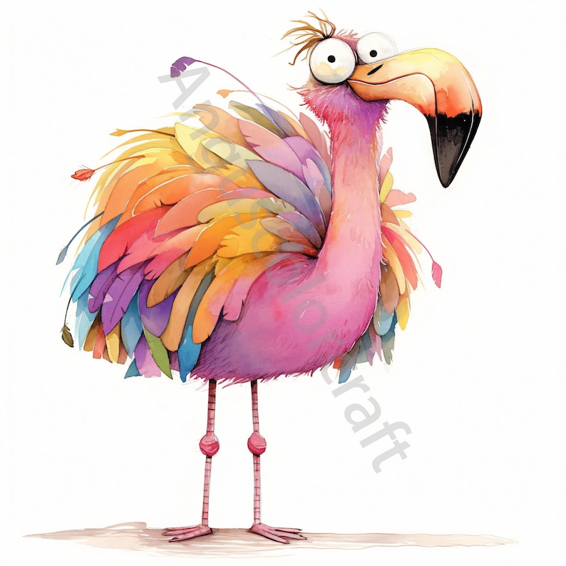 May include: A cartoon flamingo with a pink body and colorful feathers. The flamingo has large, round eyes and a long, thin neck.
