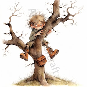 10 cliparts originaux de grimpe d'arbre, aquarelle Clipart JPG, album de scrapbooking, fabrication de cartes, téléchargement numérique, fantastique, garçon fantaisiste
