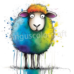 May include: A cartoon sheep with a rainbow colored wool coat. The sheep has a white face with black eyes and a black nose. The sheep is standing on a white background with green grass and blue paint splatters.
