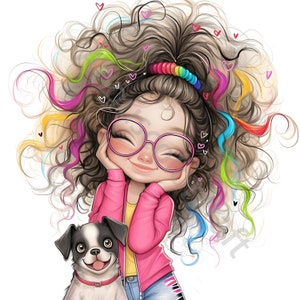 13 Quirky Girl Clipart Set 2, Girl with Pet, Commercial Use, Whimsical Ephemera, Watercolor JPG, Instant Download, Junk Journal, Paper Craft image 7