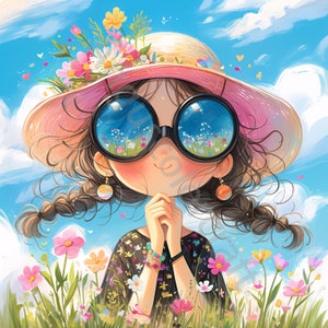 10 Quirky See flowers Girl Clipart, Uso commerciale, Effimera stravagante, JPG acquerello, Download istantaneo, Diario spazzatura fantasy, Mestiere con la carta