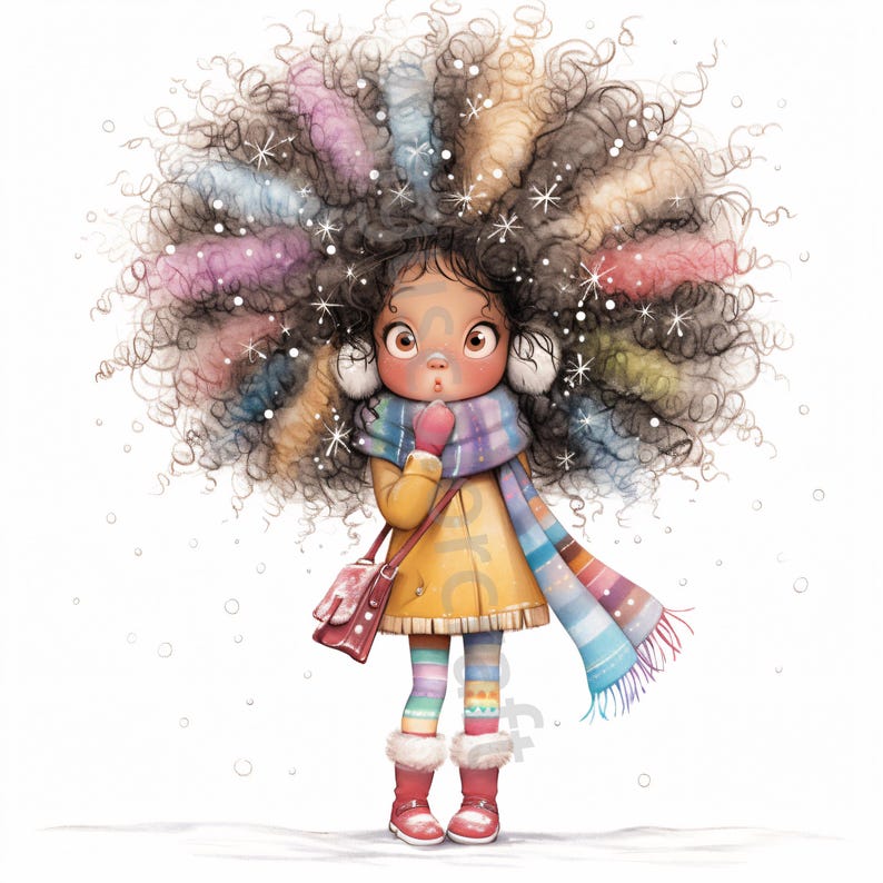 12 JPGs Quirky Winter Black Girl Clipart, Commercial Use, Whimsical Ephemera, Watercolor African Girl Clipart, Instant Download, Paper Craft, Printables, Scrapbook, Crafts Card Making, Home Decor, Paper craft, junk journals,  Card Making,  Wall art