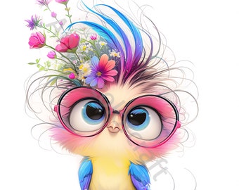 13 JPG Whimsical Flower Birds Clipart, Funny Birds, Digital Clipart, Watercolor clipart, Commercial License, Printable, Digital download