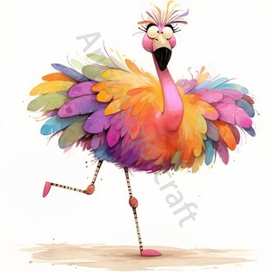 May include: A cartoon flamingo with a pink body and colorful feathers. The flamingo has a long neck and long legs. The flamingo is standing on one leg and has its other leg raised in the air.