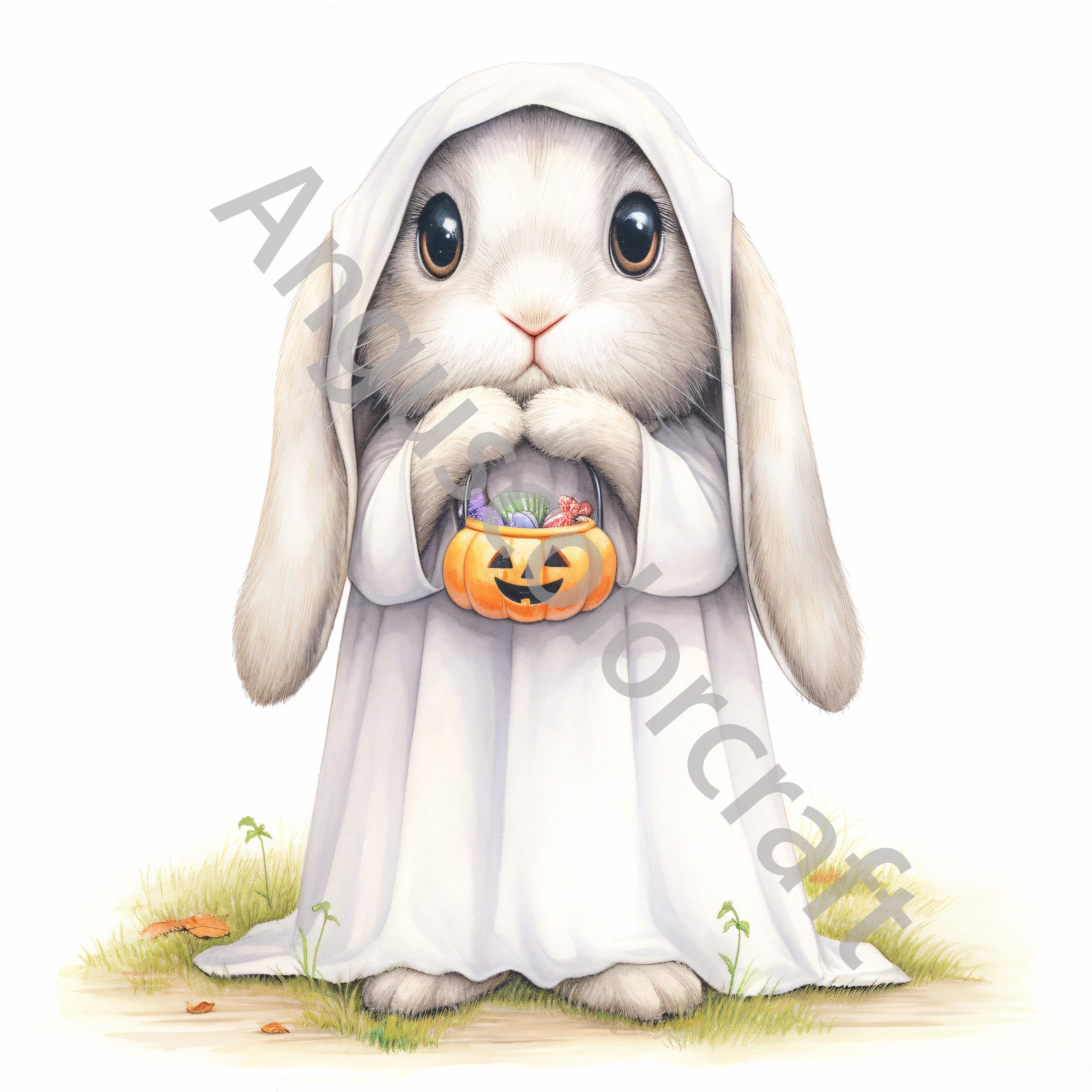 Halloween Rabbit Ghost 10 JPG Quirky Ghost Bunny Clip Art, Halloween Clipart, Watercolor ...