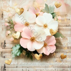 Peut inclure: Un bouquet de fleurs roses et blanches avec des c&oelig;urs dor&eacute;s &eacute;parpill&eacute;s autour. Les fleurs sont dispos&eacute;es sur une partition de musique avec des notes musicales.