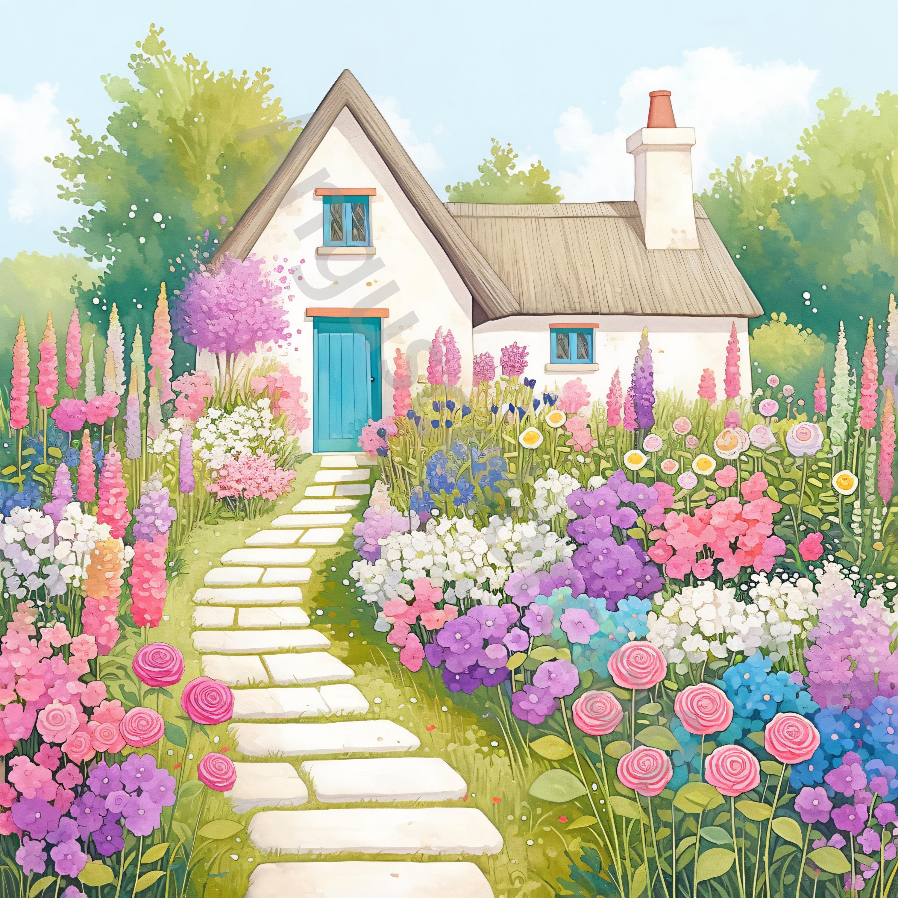 10 JPG Flower Garden Clip art, Vintage Watercolor, Junk Journaling, Scrapbook Card Making, Digital Download Fantasy Whimsical Cottage Garden