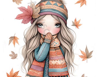 Watercolor Autumn Girl Clipart, Cozy Fall Graphics (Commercial Use 13 JPG Files)
