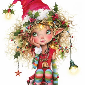 May include: A Christmas elf with blonde curly hair wearing a red hat with a white trim and a red and white striped dress. The elf is surrounded by holly and lights.