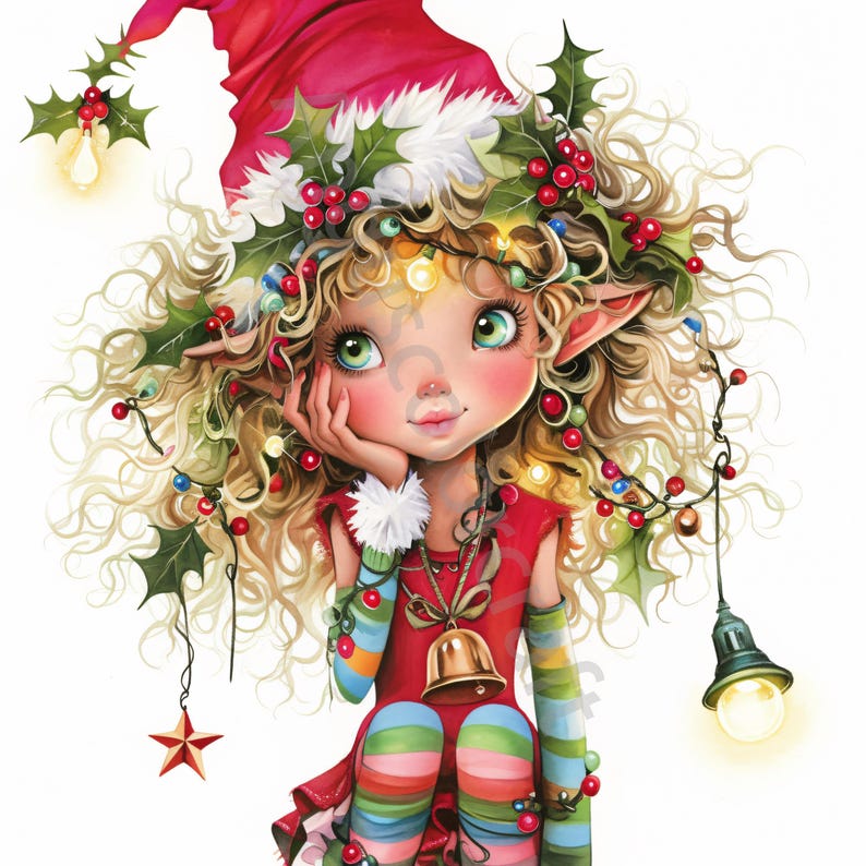 May include: A Christmas elf with blonde curly hair wearing a red hat with a white trim and a red and white striped dress. The elf is surrounded by holly and lights.