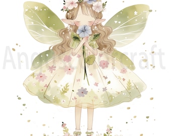 Puede incluir: Una ilustración de acuarela de un hada con alas verdes y un vestido floral. Ella sostiene una flor azul y tiene una corona de flores en la cabeza.