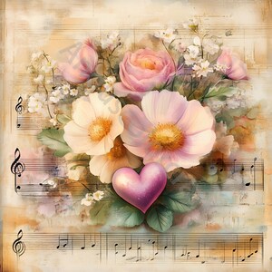 Peut inclure: Une peinture &agrave; l'aquarelle d'un bouquet de fleurs roses et blanches avec un c&oelig;ur rose au centre. Les fleurs sont dispos&eacute;es sur une feuille de musique avec des notes musicales.