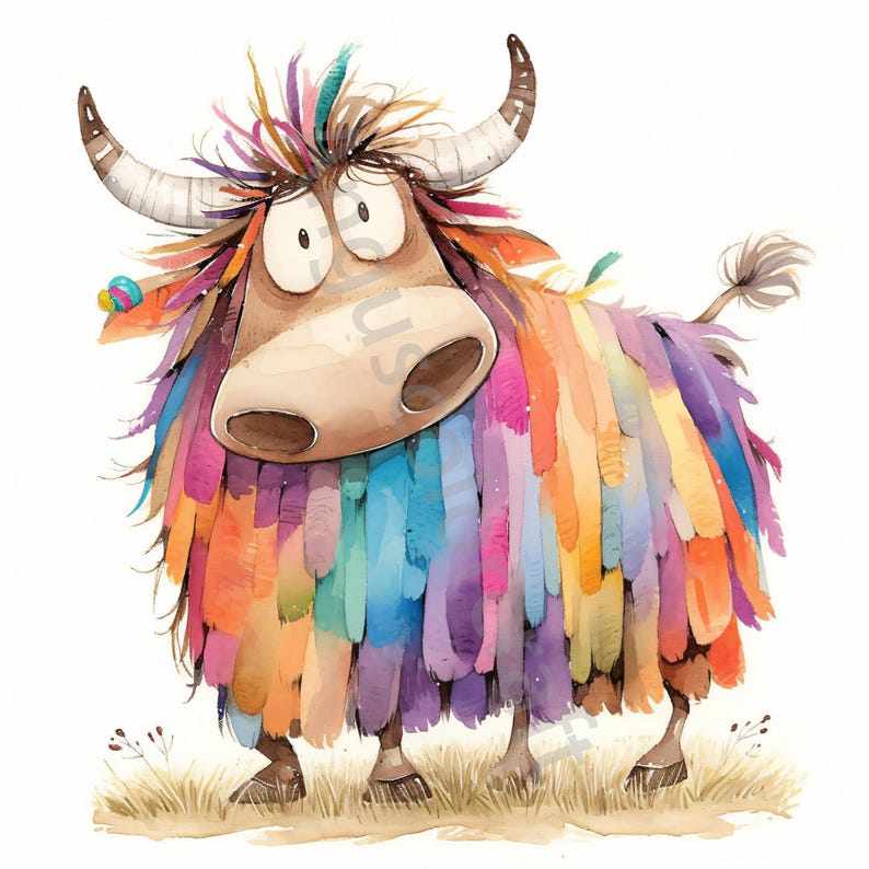 May include: A cartoon illustration of a colorful yak with a rainbow-colored coat. The yak has a brown face with large, round eyes and a white band around its horns.