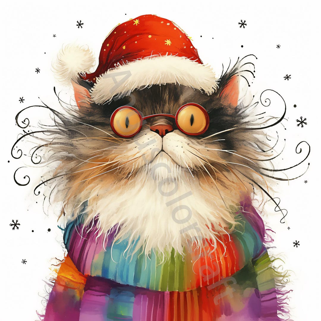 水彩サンタ猫のクリップアート：気まぐれなクリスマス JPG 素材（JPG