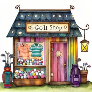 10 Clip Art stravaganti di negozi di golf, Clipart ad acquerello JPG, Diario spazzatura, Album di ritagli, Creazione di biglietti, Download digitale, Fantasy, Negozio cablato stravagante