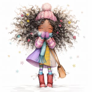 Pode incluir: Uma menina jovem com cabelo longo e encaracolado castanho usa um chap&eacute;u rosa, um casaco roxo e amarelo e meias listradas azuis e brancas. Ela est&aacute; soprando em suas m&atilde;os para aquec&ecirc;-las na neve.