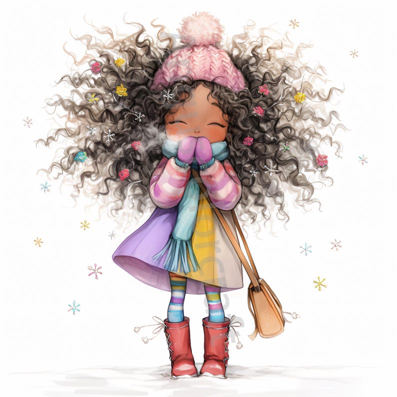 Pode incluir: Uma menina jovem com cabelo longo e encaracolado castanho usa um chap&eacute;u rosa, um casaco roxo e amarelo e meias listradas azuis e brancas. Ela est&aacute; soprando em suas m&atilde;os para aquec&ecirc;-las na neve.