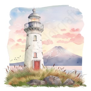 Clipart phare aquarelle, 18 fichiers JPG de phare de haute qualité, pour la fabrication de cartes, techniques mixtes, créations numériques sur papier
