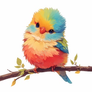 May include: A colorful bird with blue, green, yellow, and orange feathers perched on a branch with green leaves.