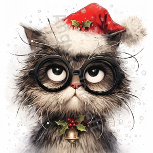 Eigenzinnige kerstkat illustraties 10 high-res aquarel jpg&#39;s, ongewenste dagboek, scrapbooking, kaarten maken, digitale downloadkit, fantasie, grillig
